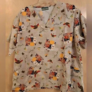  UA Scrubs Thanksgiving Beige Orange Maroon Scrub Top XL Pumpkins Turkeys